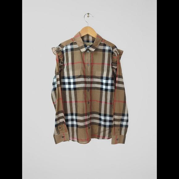 [SOLD] NEW BURBERRY Women's Sz US 6 Nova Check Ruffle Frill Shoulder Shirt - Picture 2 of 12